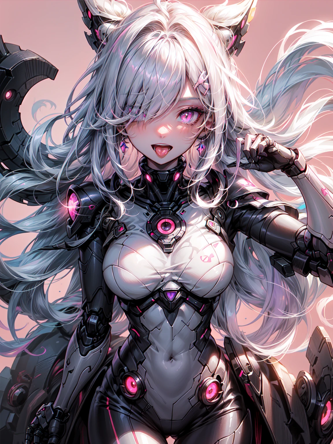 1 girl, black hair, teeth, floating hair, long hair, looking at the viewer, open your mouth, pink background, pink eyes, pink theme, alone, pupil in the shape of a symbol, teeth, tongue, tongue out、organic armored cyborg、mechanical armor、Blake、（dark elf), (1 girl), alone, perfect face, get used to it, Ahoge, ((long hair:1.2)), (hair above one eye:1.3), [[messy hair]], Shiny blonde white hair, purple eyes, multicolored eyes, colorful hair, shining eyes, (eyelash, eye shadow, pink eye shadow), bright, smile, design art by Mikimoto Haruhiko, by Kawashi, By Yoshitaka Amano