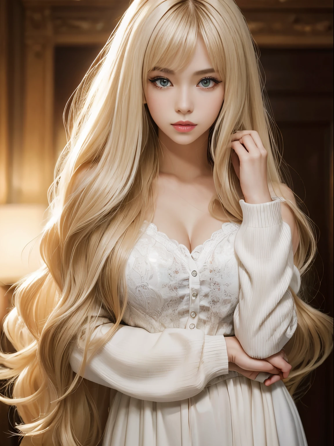 (masterpiece,ultra high resolution,Super high quality,super high quality,super realistic:1.5)、Sexy 22 year old、cute sexy little beautiful face、Her shiny hair dances before her beautiful face、length, Silky bangs that cover the eyes、cute eyes、Hair covering the face,super long hair、sexy cute young woman、length platinum blonde shiny straight hair、Look back playfully、