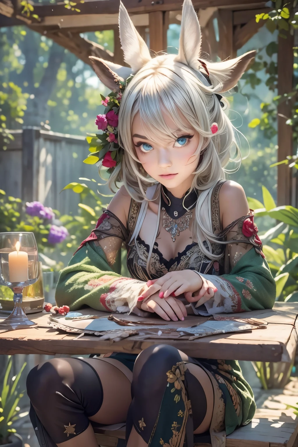 masterpiece, best quality,ultra-detailed,hyper details, cinematic light,, 1girl, solo, sit, outdoor, summerhouse, sitting in the summerhouse,  plants, table, chandelier, candle, wind, green eyes, pan-green silver hair, short hair, animal_ears, animal_ear_fluff, floating hair, light, light frown, profile,looking at viewer, dynamic_angle