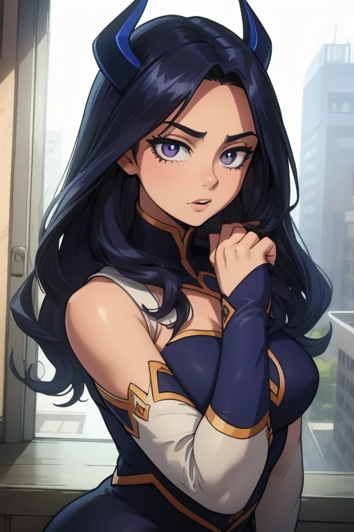 1 garota, cabelo longo, ((olhos azuis)), Sozinho, cabelo preto, Irelia, olhando para o espectador, cabelo roxo, armaduras, lips, shoulder armaduras, symmetrical eyes, pose sexy, Contexto medieval, medium breasts, retrato, Melhor qualidade, obra de arte, face retrato