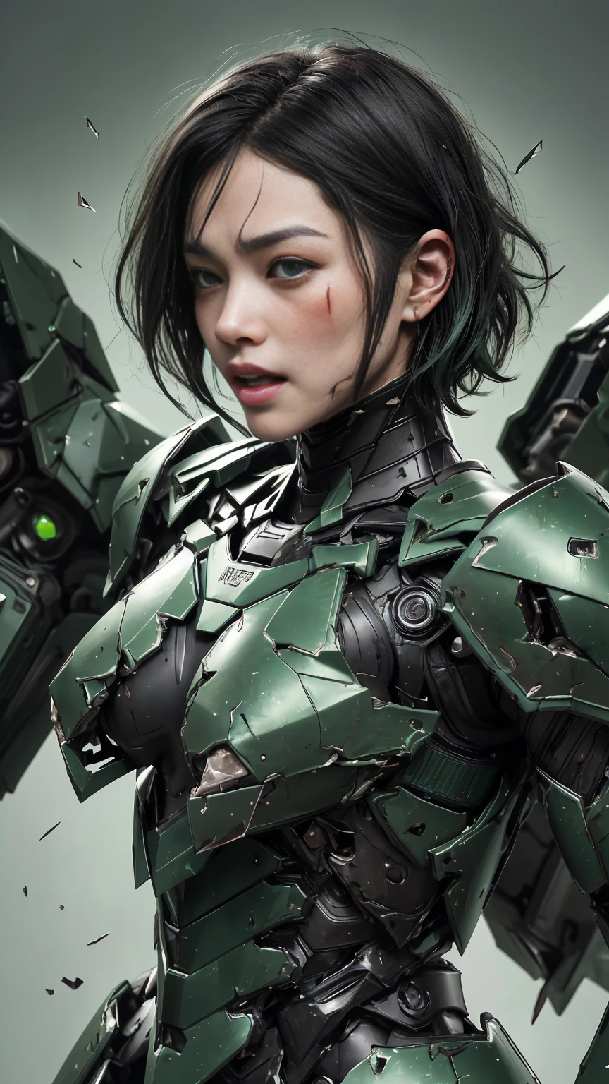 rough skin, Super detailed, advanced details, high quality, 最high quality, High resolution, 1080p 、Bleeding from the wound、sexy eyes、wearing green and black、cute((My whole body is sweaty))(Wearing damaged combat gear....)(Dark green armor)(broken armor)black hair、(shattered armor)Chiquita、short hair、open your mouth、A painful look、It hurts again、healthy complexion、20th generation women　　(Steam coming out of the face) ((Steam comes out from all over the body)) 　Unable to fight　severe convulsions　Only the eye part of the full face helmet was damaged...　real face　freckles　Don&#39;Don&#39;don&#39;t expose your skin　One female　full body portrait　Transformers Armor