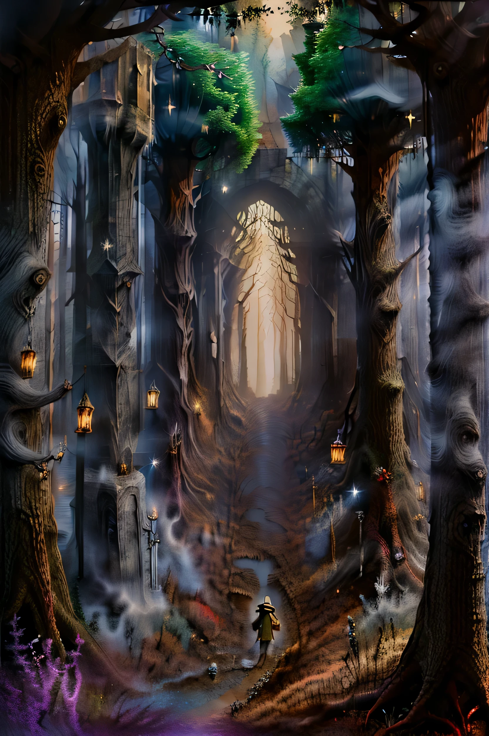 (masterpiece),(Best quality:1.0), (ultra high resolution:1.0), detailed illustration, intricate, magical elves in the forest:1.5, detailed landscape, vibrant colors, sunset, clouds, (( magical, Beautiful, de another world, Trees:1.4 )), (( Best quality, vibrant, 32k, well-defined light and shadows)).