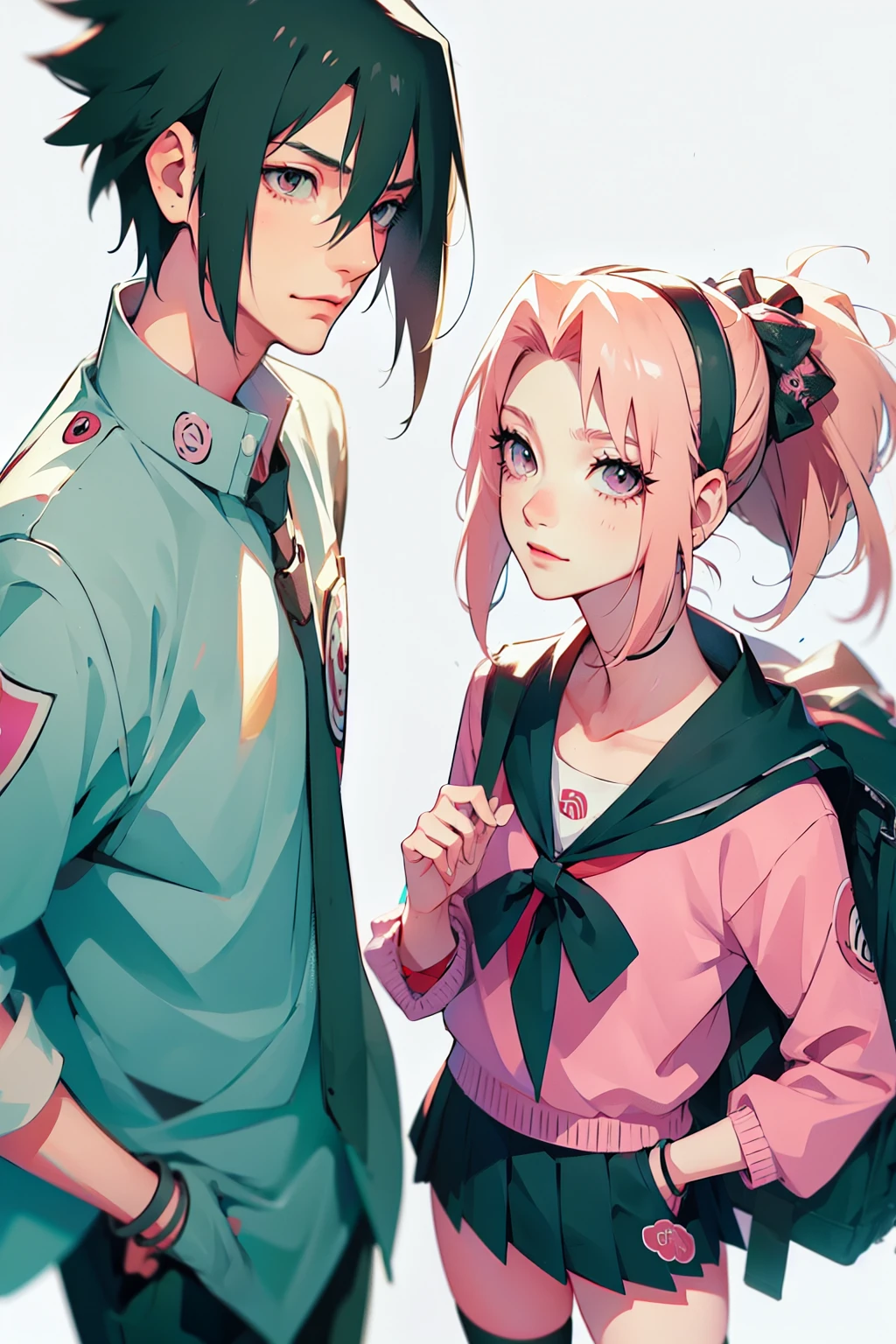 sasusaku. Sasuke Uchiha, a tall, black-haired man wearing a Quarterback football uniform, is a student, with his hands in his pockets. Sakura, a thin woman with pink hair, cheerleader. best quality, adorable, ultra-detailed, illustration, complex, detailed, extremely detailed, detailed face, soft light, soft focus, perfect face. In love, illustration. two people, couple,