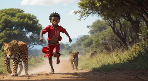 A boy in Indian clothes, roupas cor vermelha, cor de Pele preta, menino negro, indigenous boy, running from wild jaguar attack, ...
