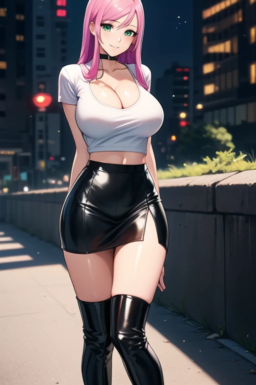 1 girl, 19 years old, Long pink hair, green eyes with slit pupils, master-piece, best quality, (standing up), (white shirt), (tight white v-neck crop t-shirt, black leather pencil mini skirt, patent leather high heel boots, cleavage),  (Big , ultra gigantic , Super super big, Glamorous body), Make eye contact with the camera, front figure, looking forward, (light_Smile:1.5), (Detailed hands and fingers:1.2) (Cyberpunk City), (FULL BODYSHOT), thighs thighs thighs thighs、beauty legs、