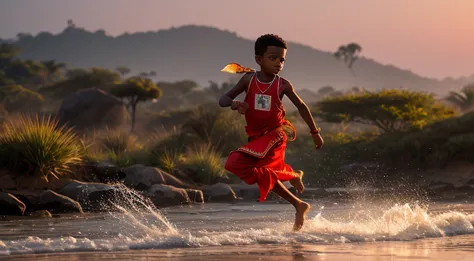 A boy in Indian clothes, roupas cor vermelha, cor de Pele preta, menino negro, indigenous boy, correndo de ataque de crocodilo, ...