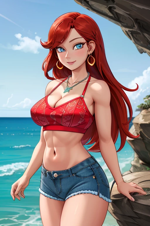 masterpiece,,((ultra detailed background, delicate pattern, intricate detail)), (highly detailed, fine details, rich colors), best quality, beautiful lighting, 1girl, young woman at 22, red hair, solo, long hair, blue eyes, smile,((medium breasts, perfect model physique)), ((V-neck crop top ,denim shorts, necklace)), (Deep Cleavage), (complex detailed background, barren land, rocks, ocean, outside, nature environment), (cowboy shot),