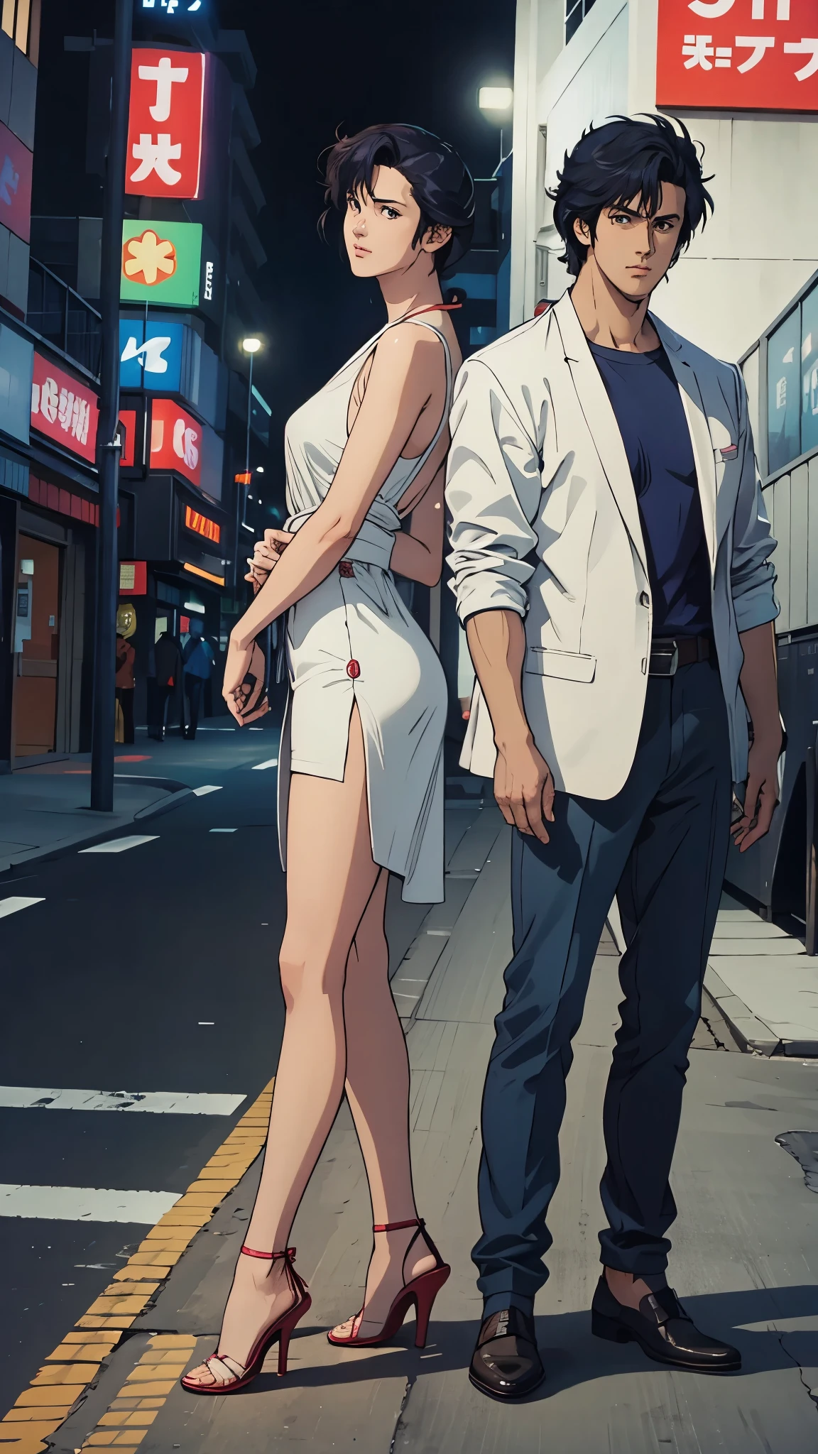 Ryo Saeba (männlich) und nackte Saeko Nogami(femännlich) Rücken an Rücken in den nächtlichen Straßen von Shibuya stehen