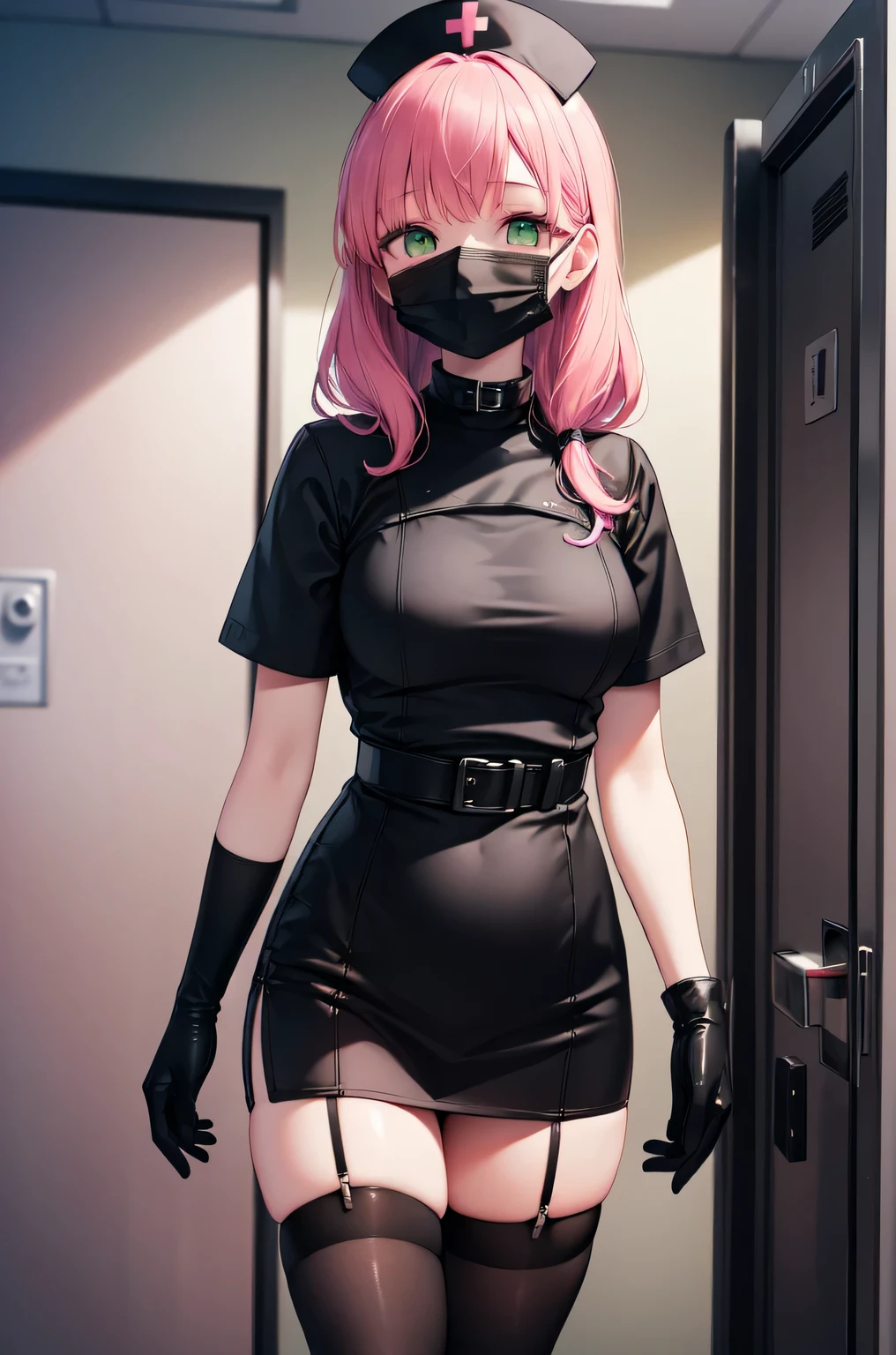 black nurse, 1woman, solo, black nurse cap, black nurse uniform, ((black legwear, zettai ryouiki)), black elbow gloves, pink hair, green eyes, drooping eyes, ((black surgical mask, covered nose)), standing, ((surgery room)), sharp outline, short sleeves, mature female, 32 years old, best quality, masterpiece