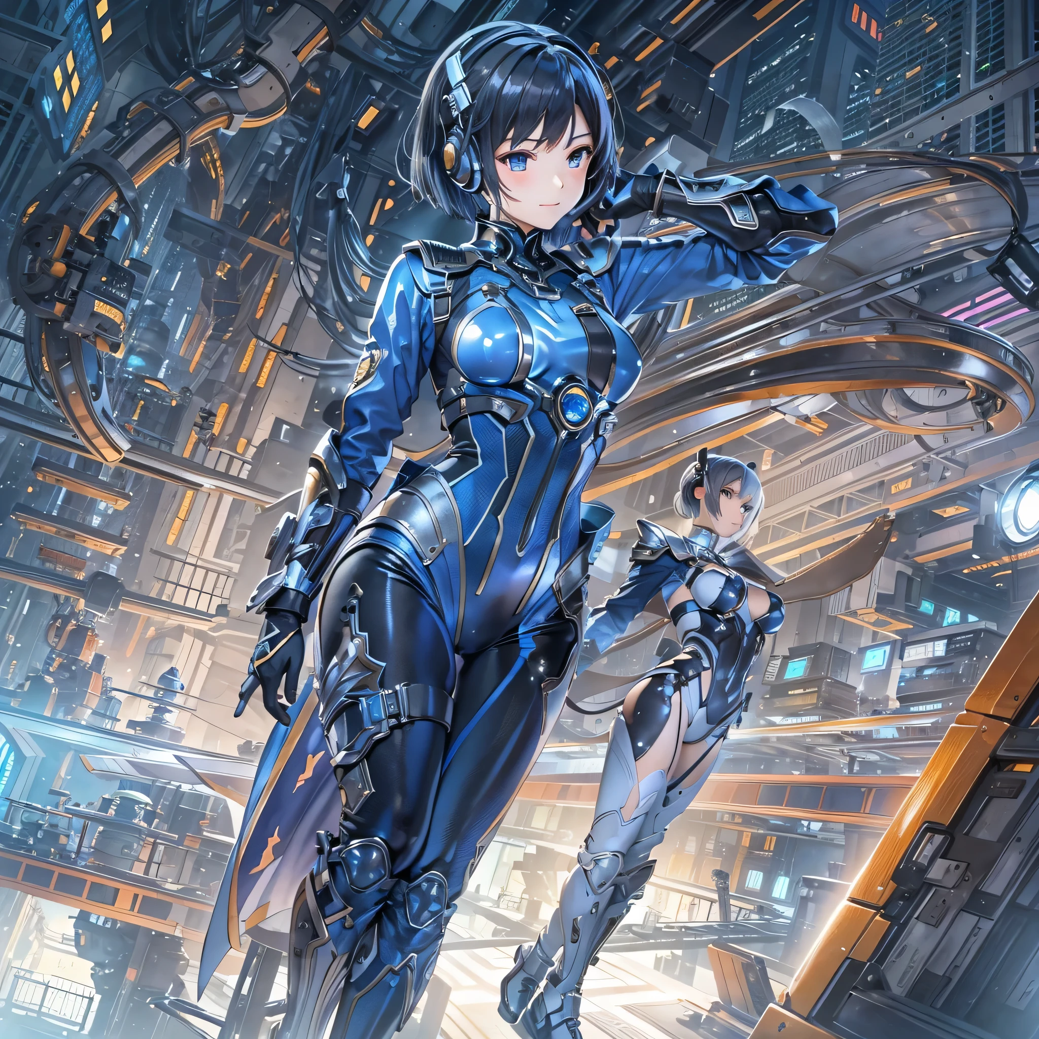 (masterpiece、highest quality、highest resolution、clear_image、detailed details、Angle from above): (full body figure、One 20 year old girl、Japanese faces、small face、Slender、Navy blue super short bob cut hair、(hidden small breasts:1.3)、sparkling blue eyes、Shiny pilot suit in blue and black colors、armor that protects the chest、tight fitting clothes、clothes that cover the whole body、shiny clothes、tight fit pants、hide the skin、very delicate and beautiful、detailed skin、hide thighs、hide your butt、cute type、gentle smile、soft expression、heroine、headset、Knee-high boots、gloves up to the elbow、eye level shot、facing directly、woman on a spaceship)