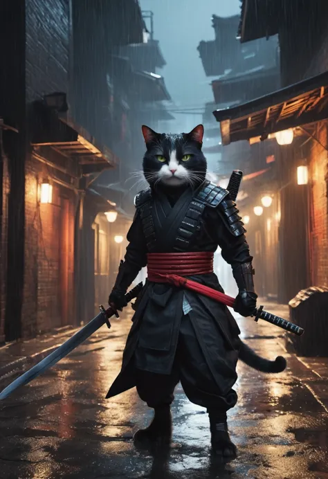 High Resolution, High Quality, Masterpiece.Anthropomorphic cat dressed in In a ninja costume, a katana in a scabbard on his back...