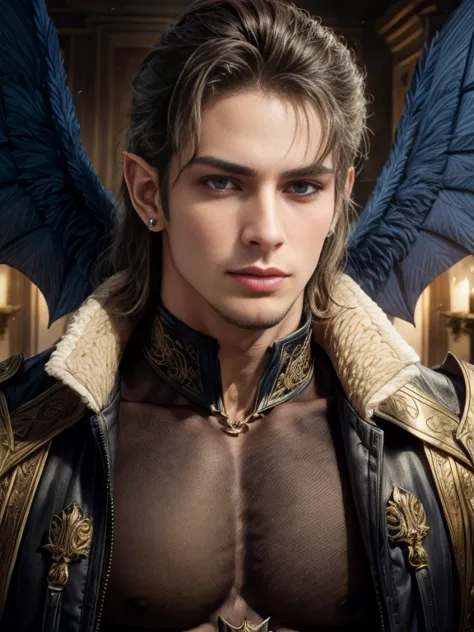 ((work of art, better quality, high resolution)) handsome young man with black devil wings, conjunctivitis, pointed ears, stalwa...