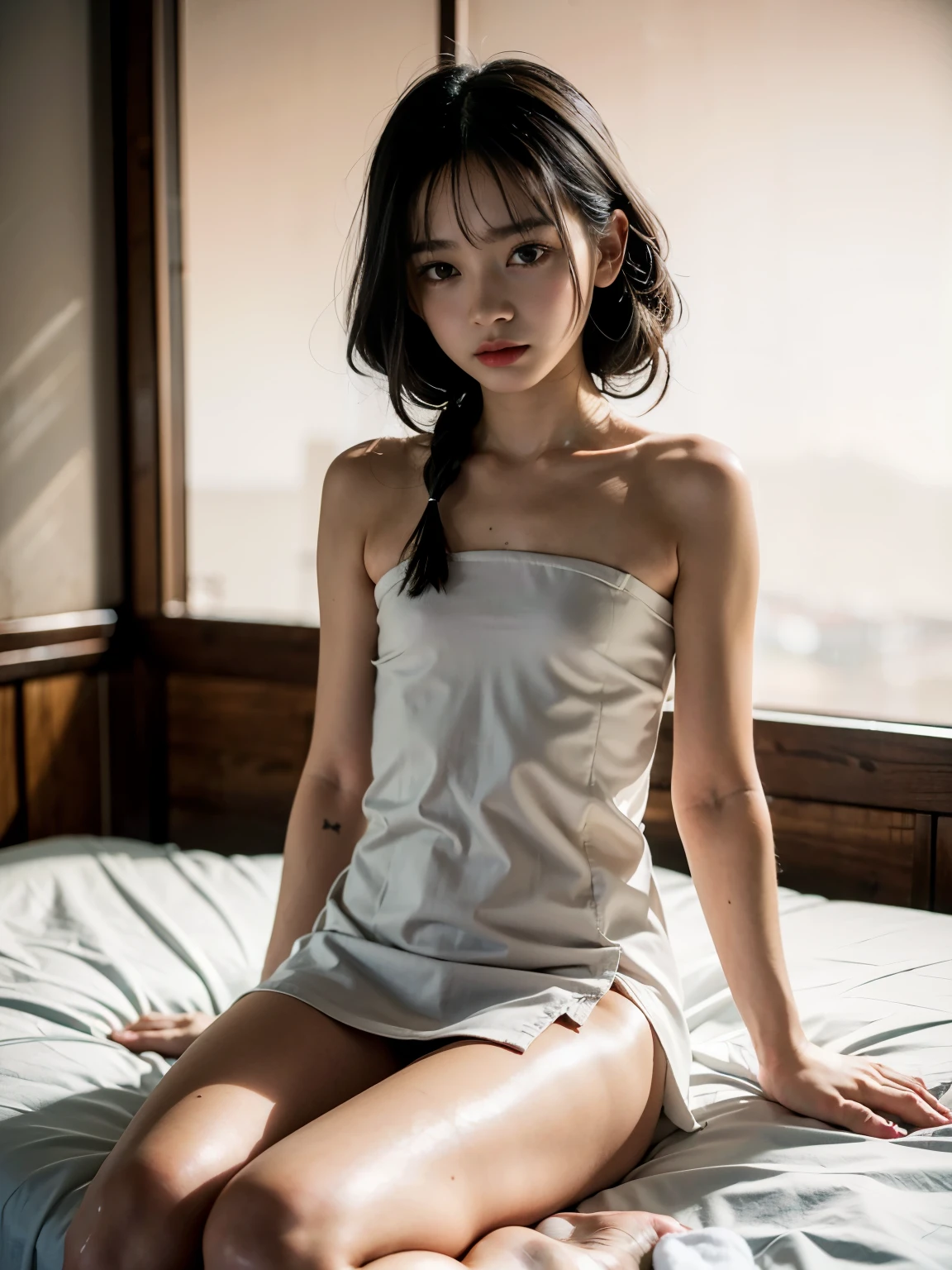 raw photo, 8k, (top-quality), Realistic, (real picture, Intricate details), (natural skin texture, detailed skin, hyper realism, sharpness), (Japanese teenage girl sitting on small bed in a old hotel at night, hands between leg), ((naked towel)), (((flat chast:1.5))), (slender body, pale skin:1.2), ((wavy hair, blunt bangs)), (baby face, provocative look, Parted lips:1.3, eye bag:1.3, red thick lips, under eye circle), thighs, night time, red wallpaper, hard lighting:1.3, full body shot