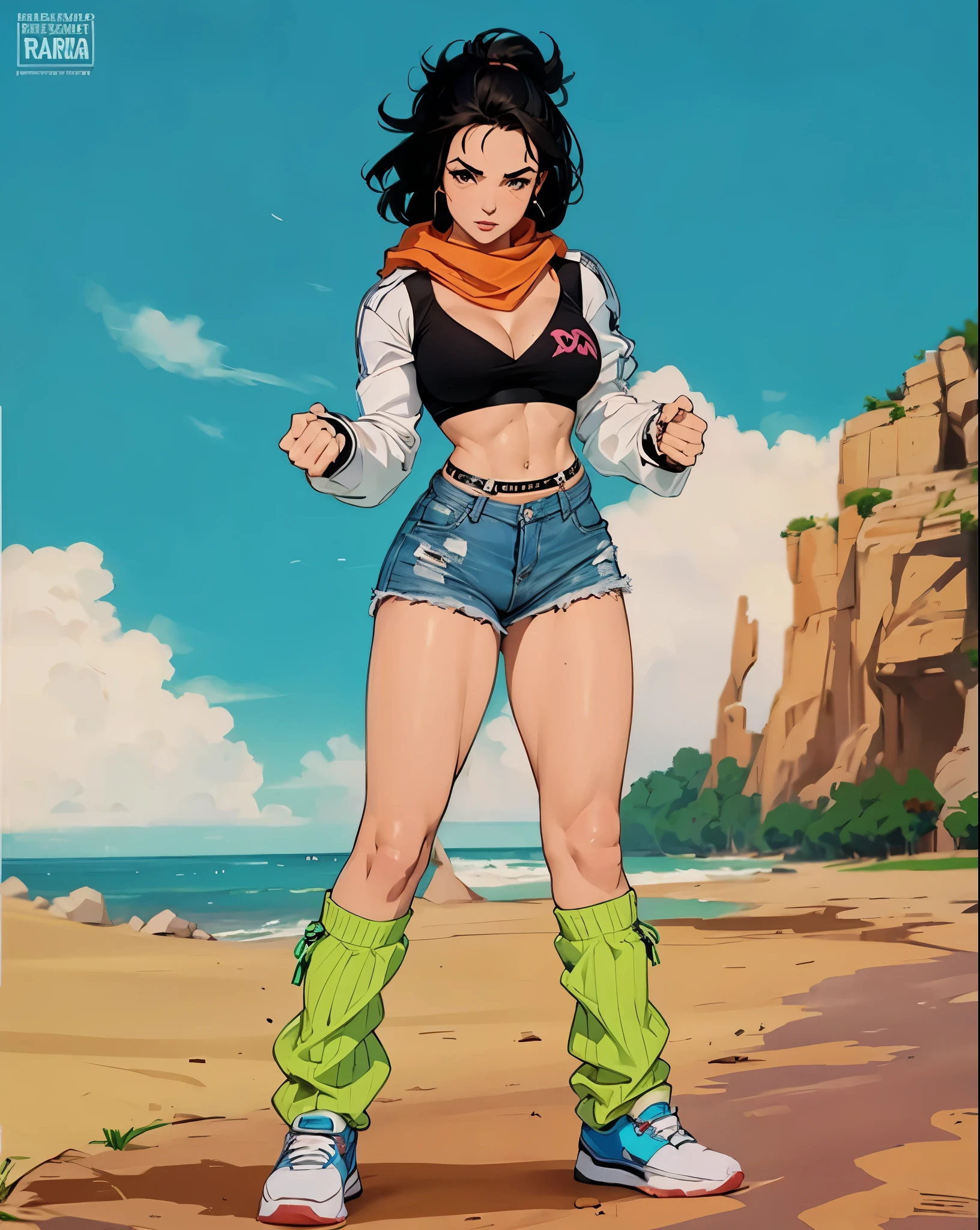 Um desenho de uma mulher de biquíni e shorts na praia - SeaArt AI