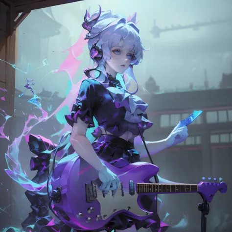 ((masterpiece, best quality))1 girl, alone, black skirt, blue eyes, electric guitar, guitar, earphone, double tail辮, keep, keep ...