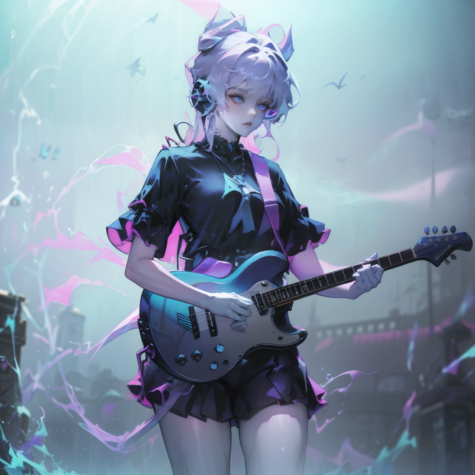 ((masterpiece, best quality))1 girl, alone, black skirt, blue eyes, electric Guitar, Guitar, earphone, Double tail辮, Keep, Keep plectrum, musical instrument, long hair, music, one side up, cyan hair, Double tail, 弹Guitar, pleated skirt, Black shirt, Internal