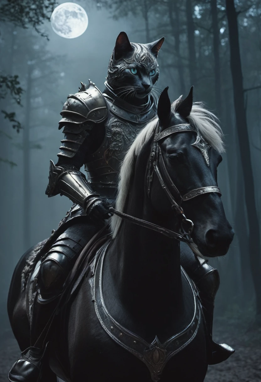 High Resolution, High Quality, Masterpiece.Anthropomorphic cat In the armor of a knight, riding a horse, Noir style, In the armor of a knight, riding a horse. The dark forest, the moon in the sky, the fog, the eyes of ghosts sparkle in the fog., cinematic light, lots of detail, realistic, 4k, cinema, epic, Highlights on the armor, neon ambiance, abstract black oil, gear mecha, detailed acrylic, grunge, intricate complexity, rendered in unreal engine, photorealistic Hyperdetalization. Hyperrealism. Dramatic light. 