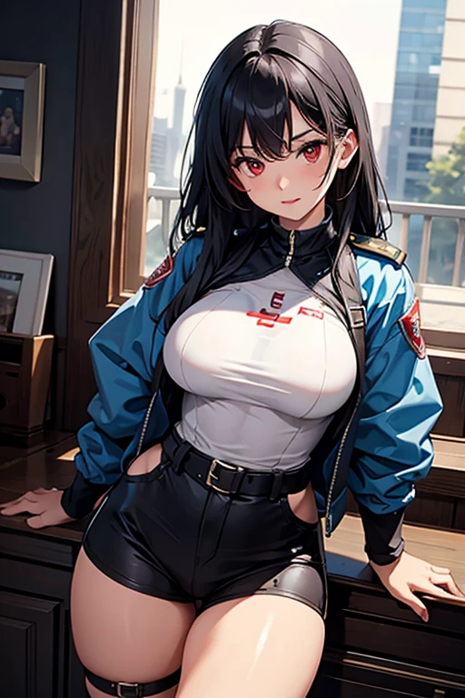 girl with black hair red eyes in a tight blue officer costume girl has thick thighs big breast she has black short tight shorts on