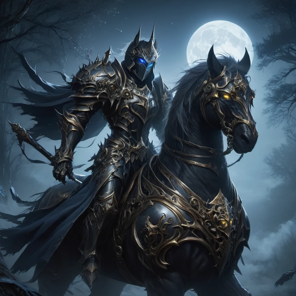 High Resolution, High Quality, Masterpiece.Anthropomorphic cat In the armor of a knight, riding a horse, Noir style, In the armor of a knight, riding a horse. The dark forest, the moon in the sky, the fog, the eyes of ghosts sparkle in the fog., cinematic light, lots of detail, realistic, 4k, cinema, epic, Highlights on the armor, neon ambiance, abstract black oil, gear mecha, detailed acrylic, grunge, intricate complexity, rendered in unreal engine, photorealistic Hyperdetalization. Hyperrealism. Dramatic light. 