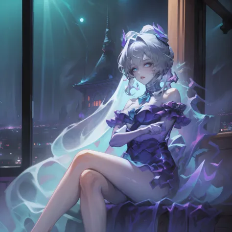 (masterpiece), best quality, cyan eyes, light gray hair, expressive eyes, hohaya, sitting in a high-rise apartment room, night s...