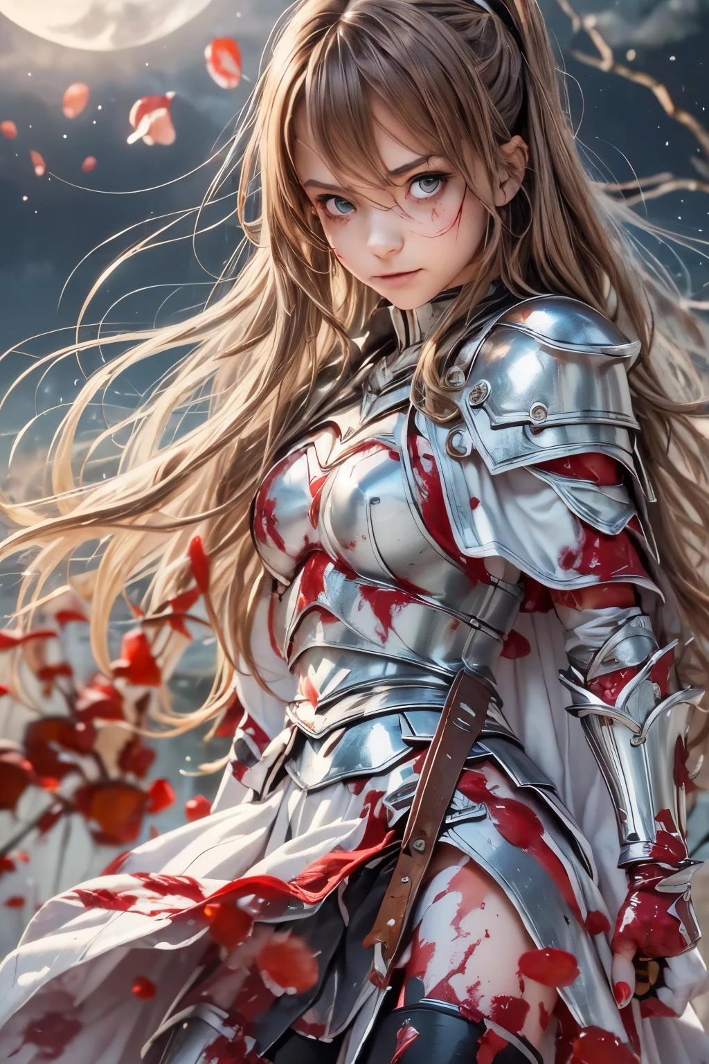 8k,(Asuna(sao): 1.6),one Girl, Solo,(perfect anatomy:1.43), (medium Hair:1.55) ,(Half Up:1.45),Bangs, Brown Eyes,Fine Eyes,(sad smile:1.3),white thighhighs,(Brown Hair:1.6),blood-soaked boots,(18 years old:1.5),Full Body,(fusion of bloody white silver full plate armor and blood-soaked long cape:1.63),(Bare Shoulders:1.5),(mini Skirt:1.26),(holding blood-soaked one rapier:1.43),(standing on moonlit night blood pool battlefield:1.52),Fantasy,(blood effect:1.53),pov,eye-level view,(drop shadow:1.21)