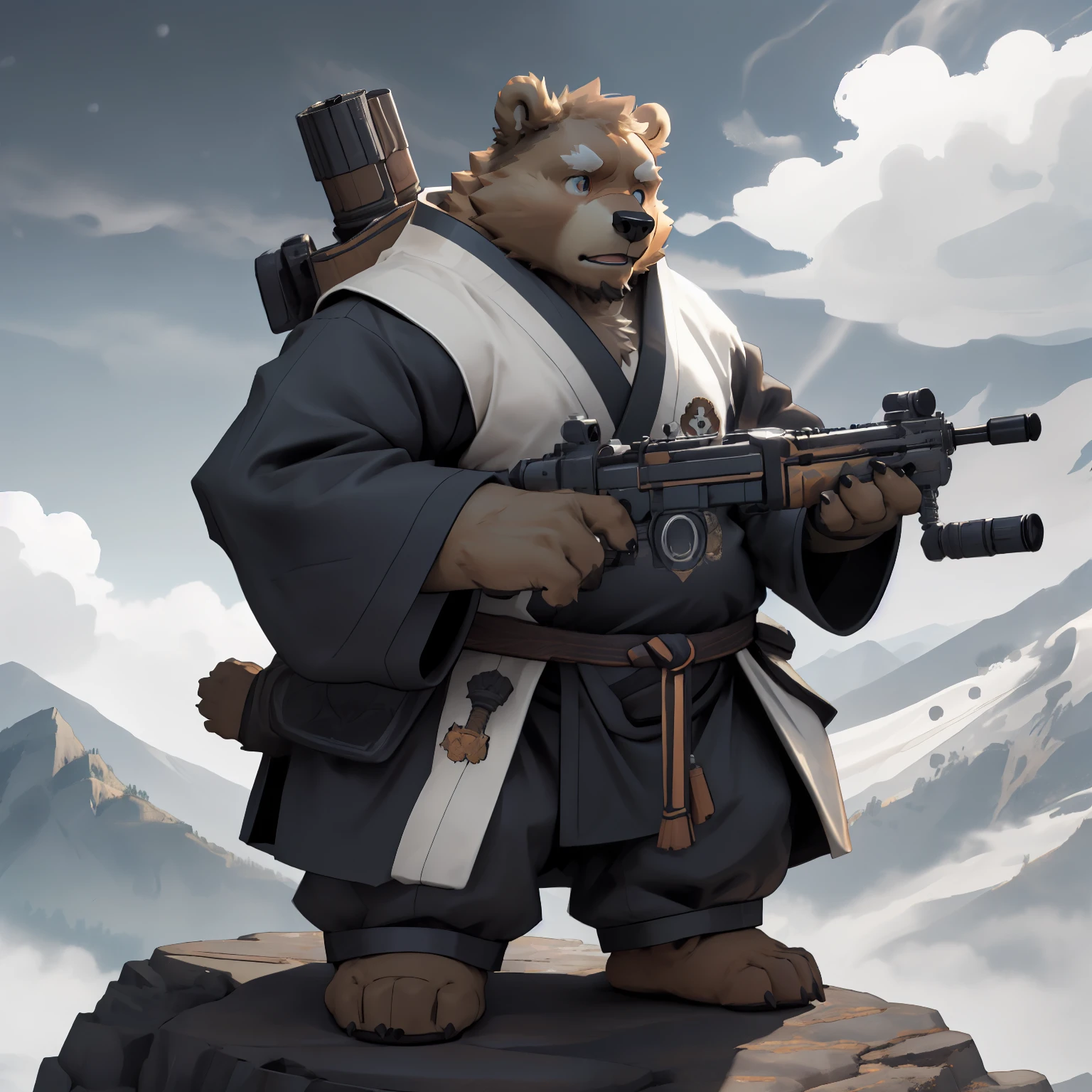 New Jersey 5 Hairy, Bear，Full body portrait of an individual,exquisite，round face， chubby，thick arms，Light plush fur，Mountain Top，Cloud，shrouded in mist，Full set of knight costumes，Taoist robe，Armed with a heavy machine gun，Gatling，aim，lol，Expendables