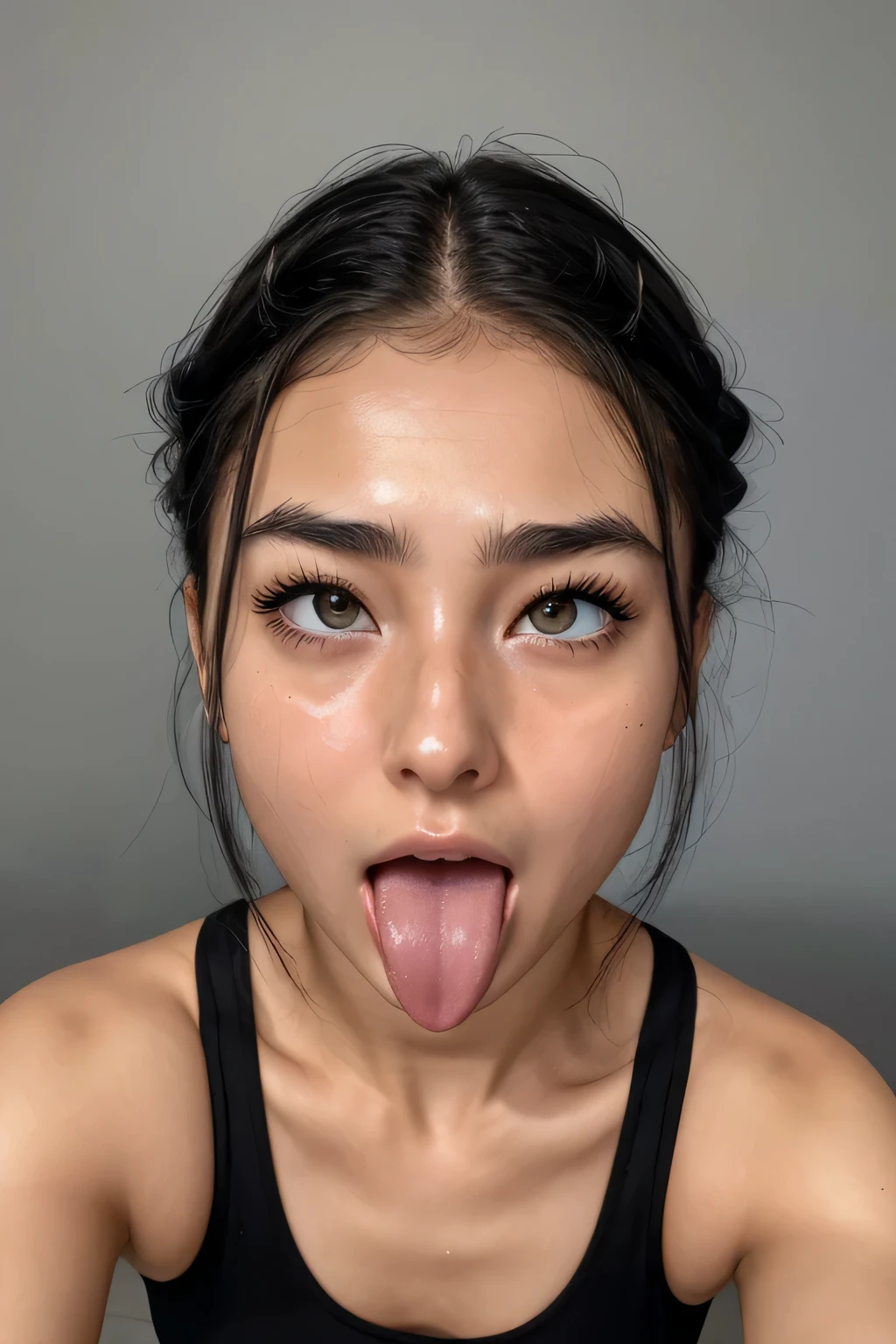 A woman sticking her tongue out with a black top on - SeaArt AI