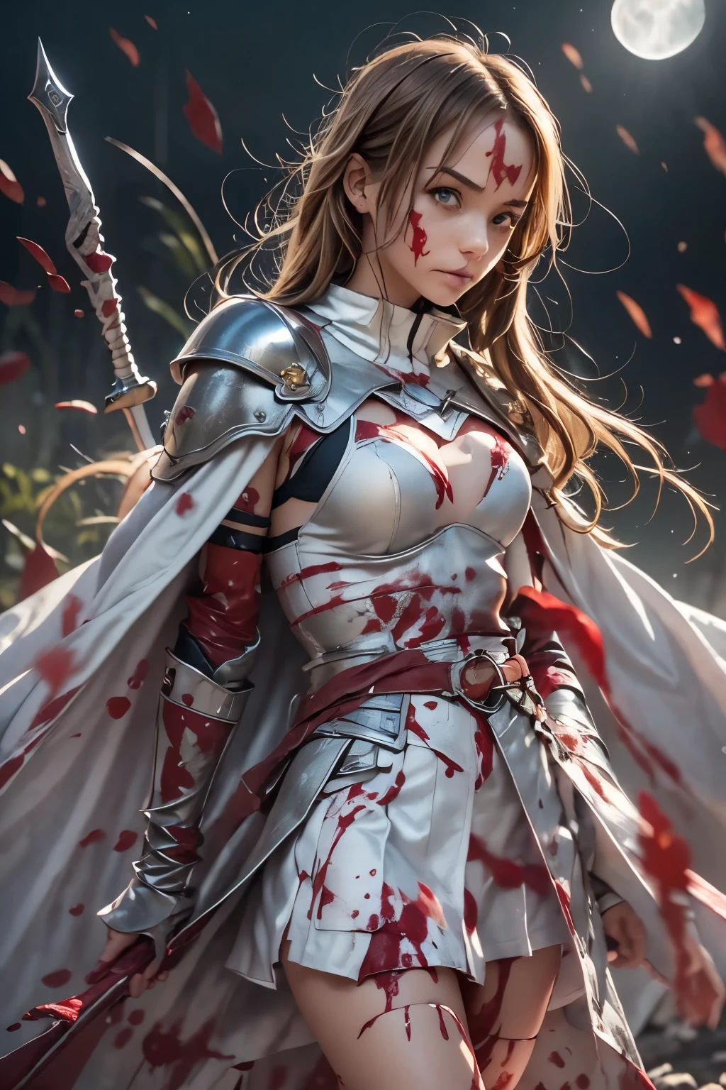 8k,(Asuna(sao): 1.6),one Girl, Solo,(perfect anatomy:1.43), (medium Hair:1.55) ,(Half Up:1.45),Bangs, Brown Eyes,Fine Eyes,(sad smile:1.3),white thighhighs,(Brown Hair:1.6),blood-soaked boots,(18 years old:1.5),Full Body,(fusion of bloody white silver full plate armor and blood-soaked long cape:1.63),(Bare Shoulders:1.5),(mini Skirt:1.26),(holding blood-soaked one rapier:1.43),(standing on moonlit night blood pool battlefield:1.52),Fantasy,(blood effect:1.53),pov,eye-level view,(drop shadow:1.21)