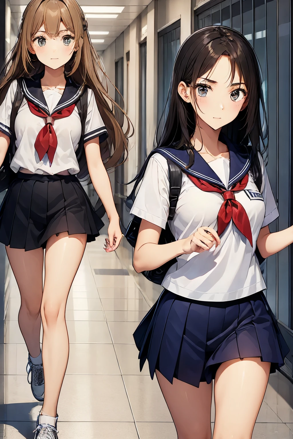 Two high school girls running、I&#39;m panicking、school hallway