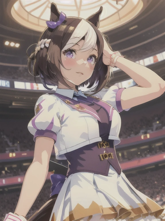 topquality, Horse Girl, special week \(umamusume\), Perfect skin, realisic skin, Detail Skin, 8K, the perfect body, perfect foots, tail, white clothes with gold patterns, golden ceiling skirt, white skirt, Sky City, clouds, blue sky