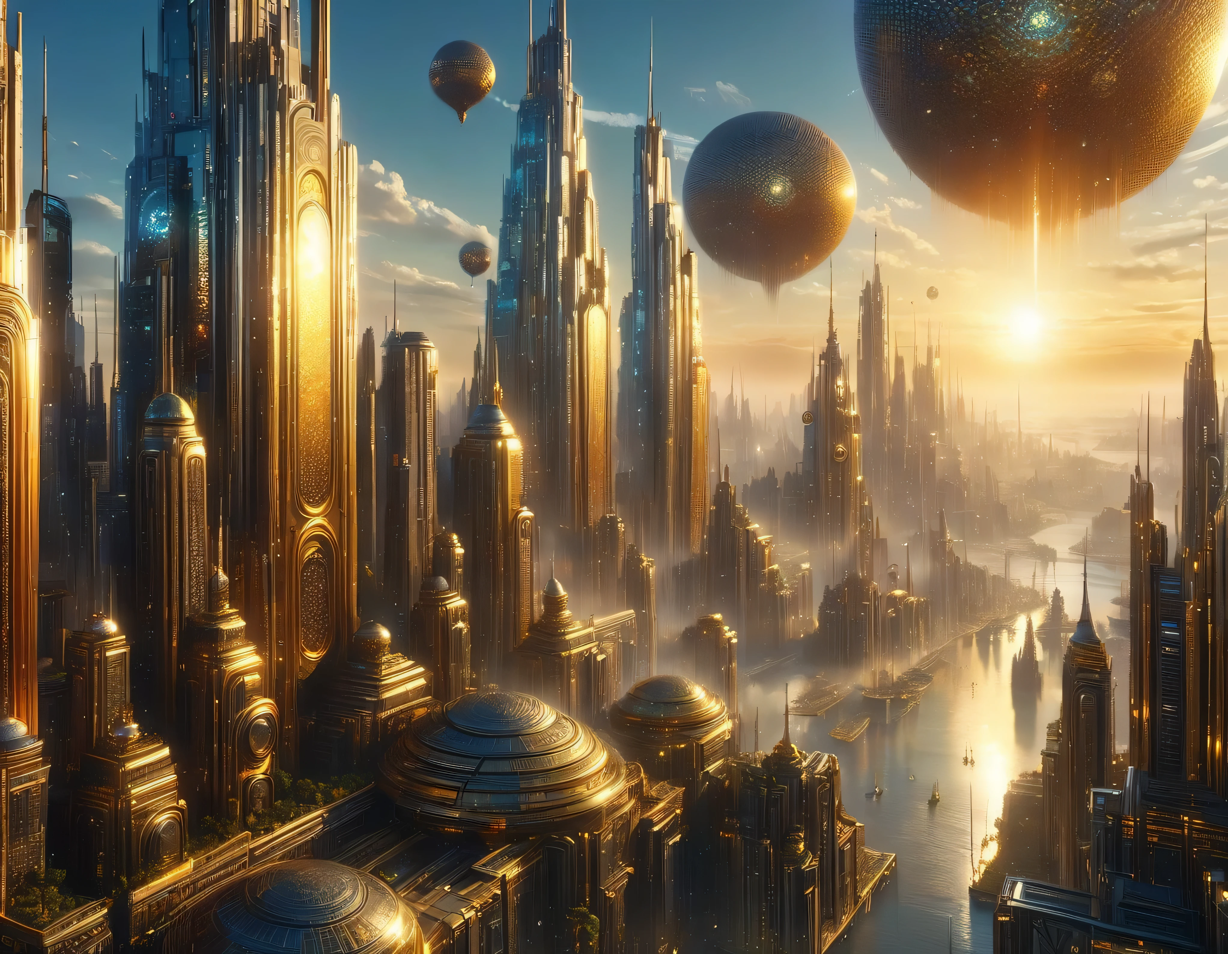 (éclairage de l&#39;heure d&#39;or), mégapole, mégalopole d&#39;un monde imaginaire de science-fiction , semblable à un Disneyland futuriste, et un maximum de fantaisie, avec d&#39;immenses bâtiments et des gratte-ciel ovales et dodécaédriques regroupés en métal et en verre où prédominent les diamants et les publicités lumineuses colorées.. image 8k bien définie, (détails complexes de la machine), avec de nombreux bâtiments ensemble.(chef-d&#39;œuvre de qualité supérieure).(image photoréaliste), netteté absolue jusqu&#39;à l&#39;arrière-plan