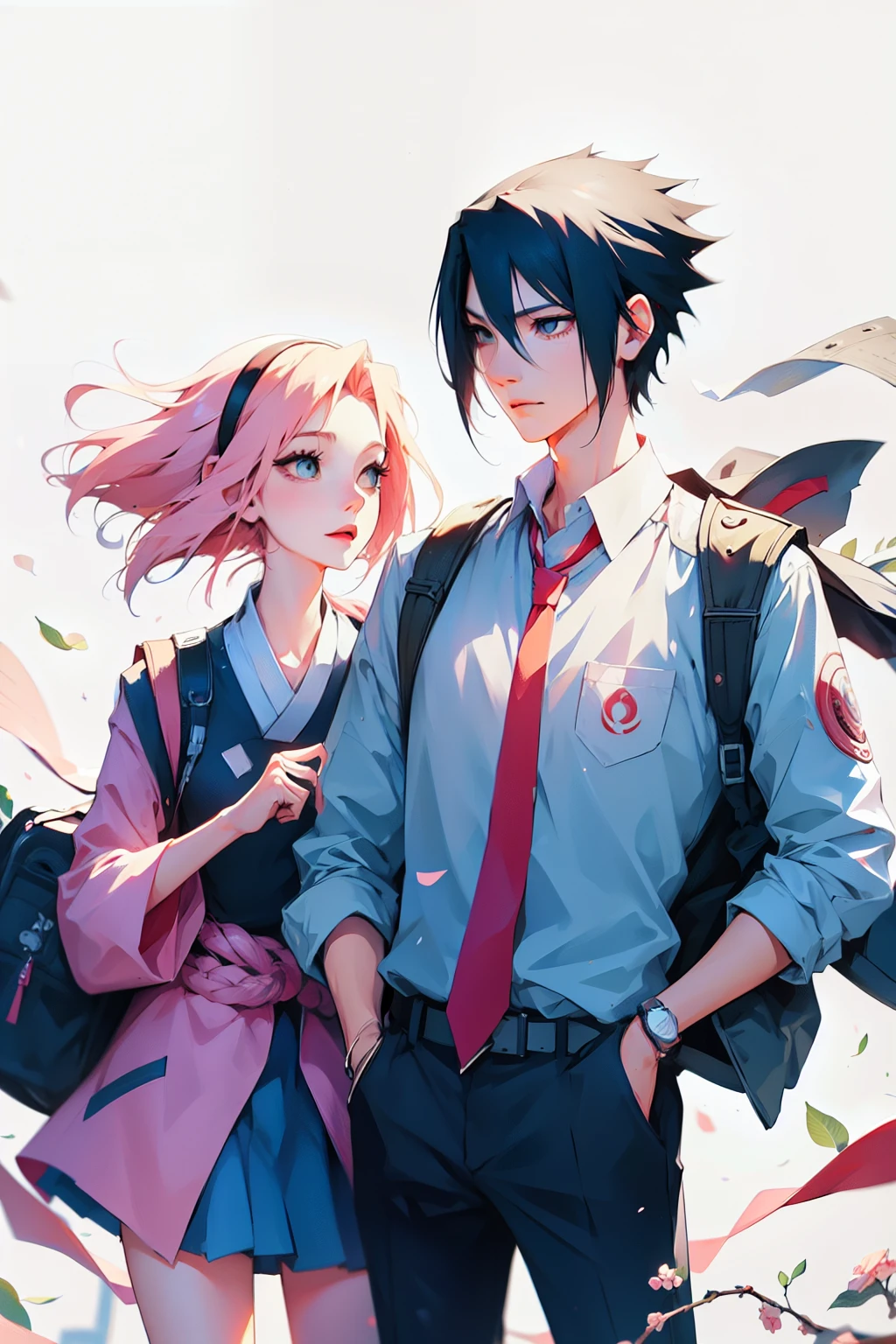 sasusaku. Sasuke Uchiha, a tall man with black hair and wearing a , is a student and has his hands in his pockets. Sakura, a thin woman with pink hair, is a student and has her hands in her pockets. best quality, adorable, ultra-detailed, illustration, complex, detailed, extremely detailed, detailed face, soft light, soft focus, perfect face. In love, illustration. two people, couple,