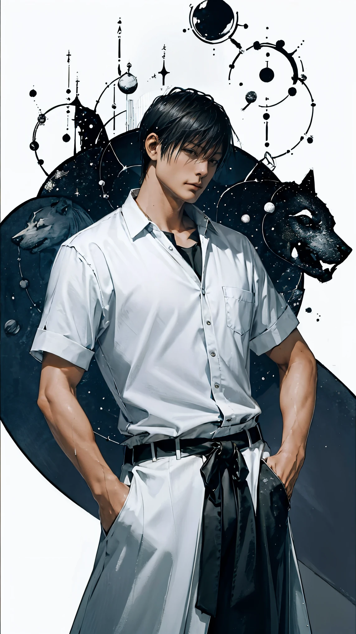 (majestic, stunning, exquisite:1.3), Toji Fushiguro, sideways, short sword, one hand in pocket, white dog, oil painting effect, detailed facial features, intense expression, confident posture, vivid colors, dramatic lighting