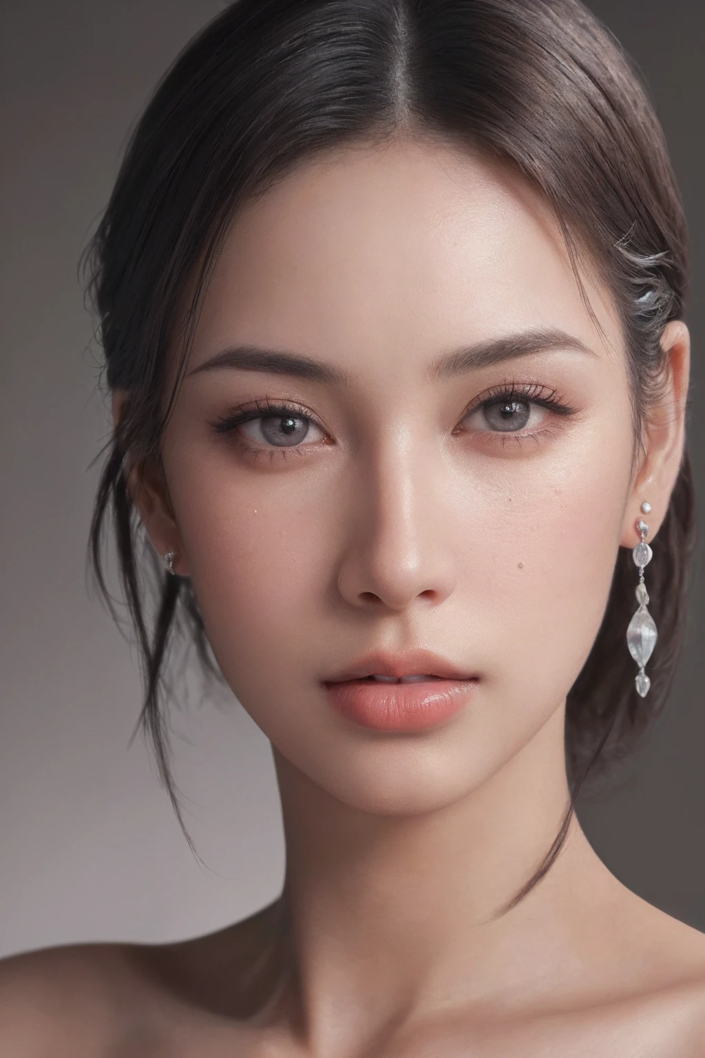 (oily,fine details,glossy:1.1)(best quality,4k,highres,masterpiece:1.2),ultra-detailed,(realistic,photorealistic:1.37)(portrait,fashion,close-up:1.1)dark-skinned woman's(face,nose,ears,lips)(deep brown,expressive eyes,long thick lashes,perfectly arched eyebrows)(plump,shiny lips,rosy tint)(smooth,flawless skin,dewy complexion)(defined cheekbones)(highlighted and contoured features)(sleek,black hair)(elegant,hairstyle)(earrings:1.1)(artistic oil painting,elegant brushstrokes)(subtle and soft lighting)(rich,warmones:1.1)(delicate facial features)(feminine and sophisticated expression)