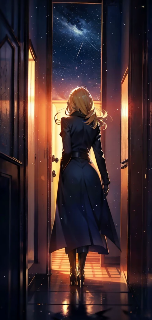 blonde woman，long coat，Rear view，silhouette，starry sky，full moon，Behind that door lies another world，