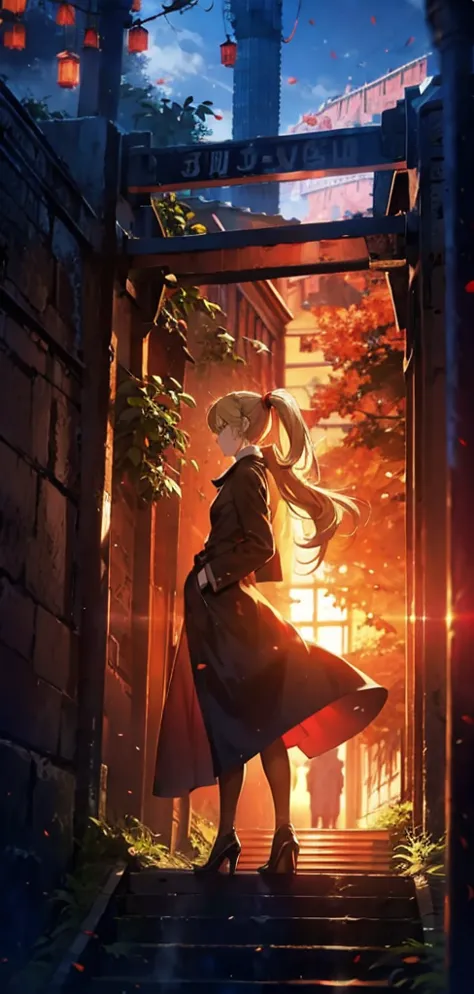 Blonde ponytail woman，long coat，Rear view，silhouette，sexy body，red forest，Red Moon，Red Night，Gate，Gateの先に別世界，