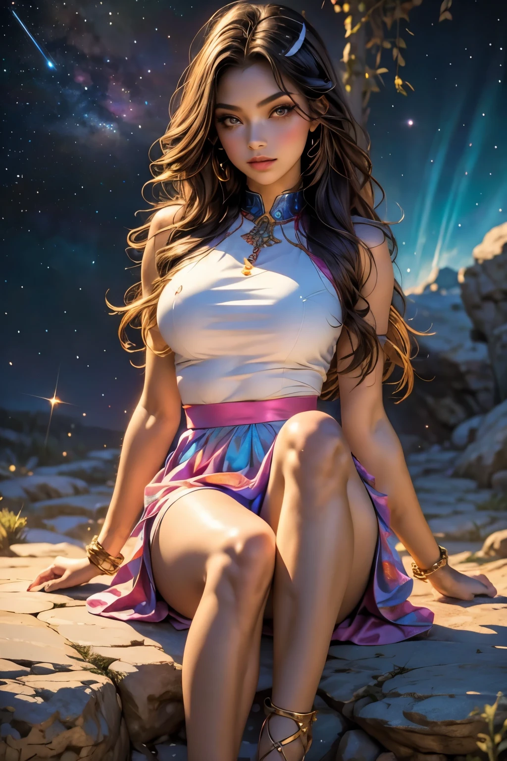 masterpiece, best quality, masterpiece, godlike quality, godlike art, highly detailed face, full body, highly realistic, cute, young girl, big eyes, long eyelashes, multicolored hair, multicolored eyes, shiny skin, full lips, big lips, shiny skin, blushing, magnificent view, in space, starry background, stars, shining light, multicolored light, maid costume