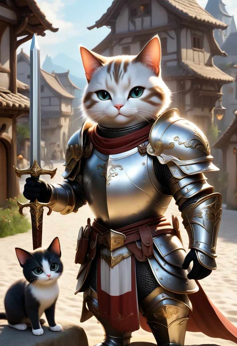 (Extremely detailed and realistic CG, masterpiece, best quality, Super detailed),(Anthropomorphic Cat:1.5)，A cat knight in armor，Holding the holy sword，wearing a helmet，slim，holy sword，middle Ages，Creative character design, Whimsical cartoon style, 32k Ultra HD，steampunk, St. Paul's Metropolitan Cathedral, (best lighting, best shadow, extremely delicate and beautiful), Dynamic angle, movie atmosphere, Gorgeous metal holy sword,smokes, steam, period clothing, bright colors.