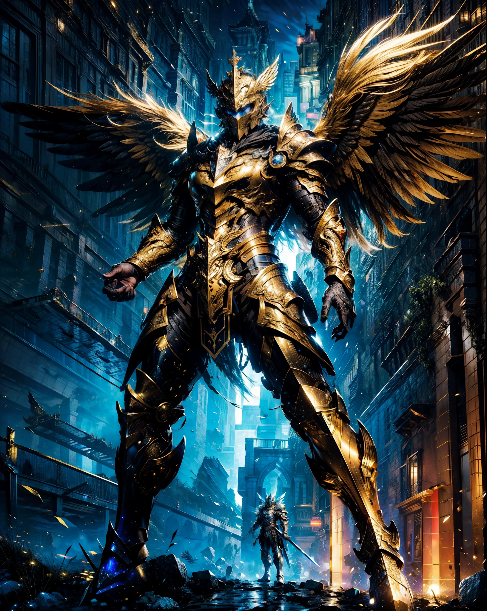 (best quality,ultra-detailed),Celestial Knight, flying, four large wings, golden plate armor with white and gold accents,divine armor,elaborate and detailed filigree metal design,sacred aura,imposing presence,full body shot, fitness body, epic battle-ready stance,stunning background of a majestic castle in sky,large sword in hand,exquisite craftsmanship and attention to detail,vivid colors to emphasize the regal nature of the knight,strong and confident expression,flawless lighting to highlight every intricate detail,perfectly balanced composition reminiscent of classical art,commanding and awe-inspiring.