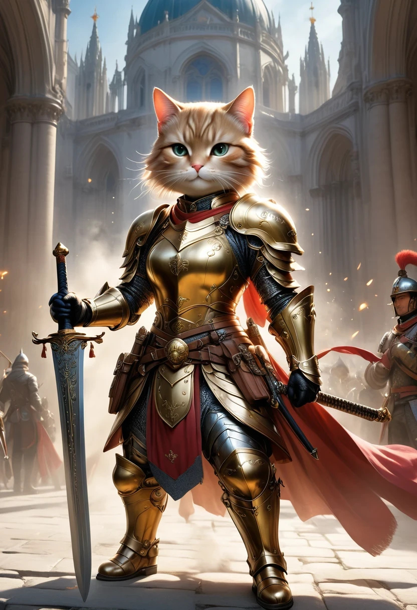 (Extremely detailed and realistic CG, masterpiece, best quality, Super detailed),(Anthropomorphic Cat:1.5)，A cat knight in armor，Holding the holy sword，wearing a helmet，slim，holy sword，middle Ages，Creative character design, Whimsical cartoon style, 32k Ultra HD，steampunk, St. Paul's Metropolitan Cathedral, (best lighting, best shadow, extremely delicate and beautiful), Dynamic angle, movie atmosphere, Gorgeous metal holy sword,smokes, steam, period clothing, bright colors.