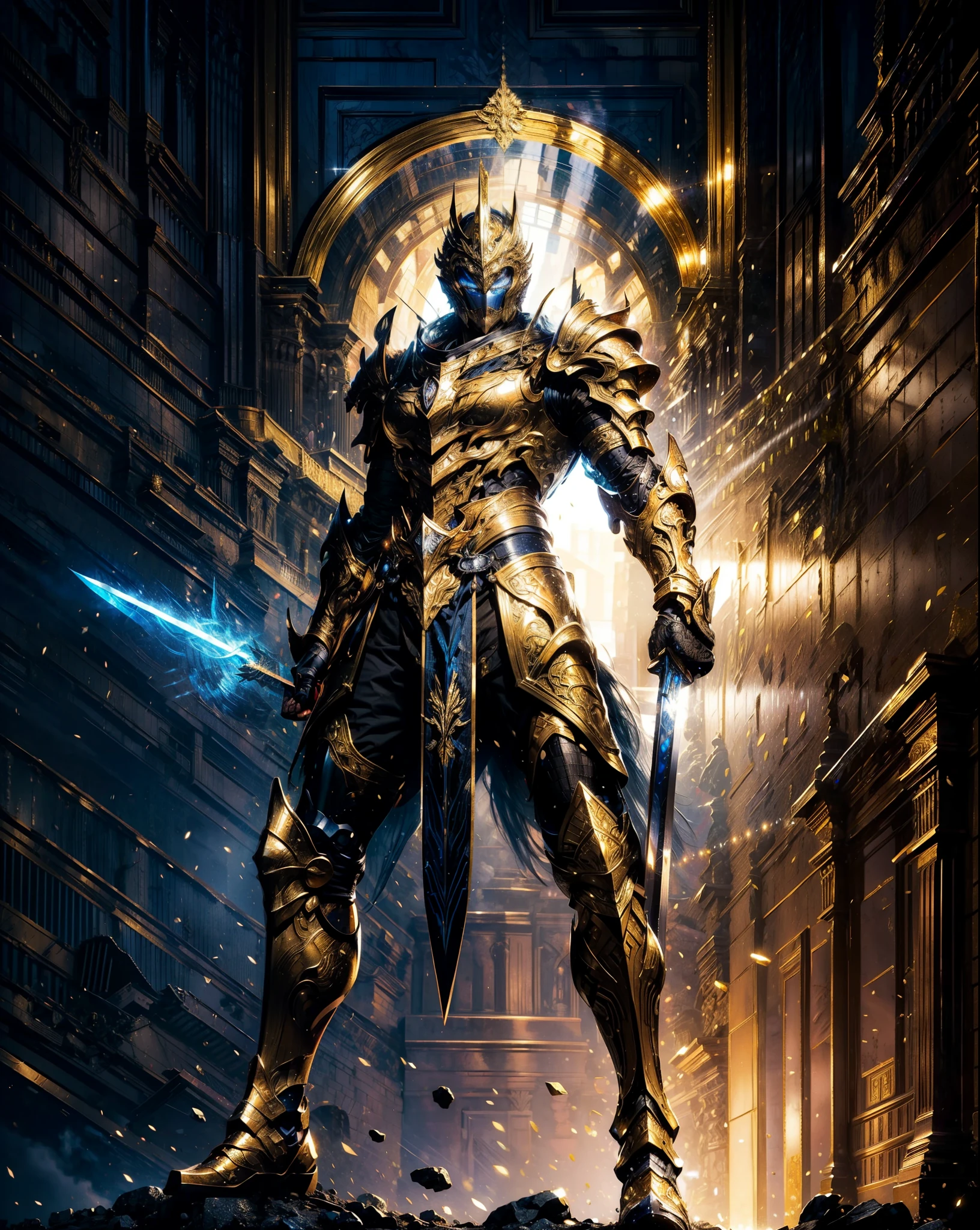 (best quality,ultra-detailed),Celestial Knight, flying, four large wings, golden plate armor with white and gold accents,divine armor,elaborate and detailed filigree metal design,sacred aura,imposing presence,full body shot, fitness body, epic battle-ready stance,stunning background of a majestic castle in sky,large sword in hand,exquisite craftsmanship and attention to detail,vivid colors to emphasize the regal nature of the knight,strong and confident expression,flawless lighting to highlight every intricate detail,perfectly balanced composition reminiscent of classical art,commanding and awe-inspiring.