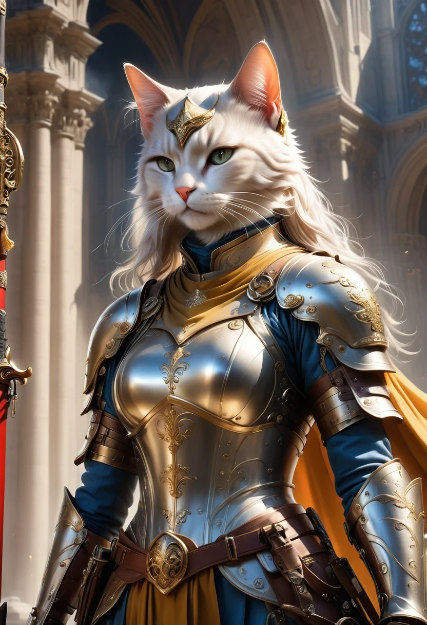 (Extremely detailed and realistic CG, masterpiece, best quality, Super detailed),(Anthropomorphic Cat:1.5)，A cat knight in armor，Holding the holy sword，wearing a helmet，slim，holy sword，middle Ages，Creative character design, Whimsical cartoon style, 32k Ultra HD，steampunk, St. Paul's Metropolitan Cathedral, (best lighting, best shadow, extremely delicate and beautiful), Dynamic angle, movie atmosphere, Gorgeous metal holy sword,smokes, steam, period clothing, bright colors.