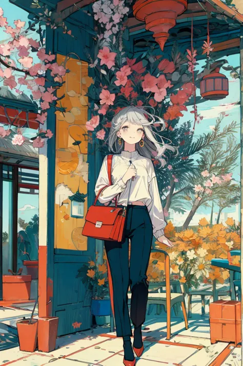 (masterpiece:1.2), highest quality,pixiv,sweet girl , 1 girl, flower, cup, have, bob hair, gray hair, bag, high heels, food, jew...