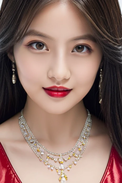 (highest quality、Full body photo 1.2、8K、best image quality、Award-winning work)、(one young girl, 14 years old:1.3)、(Luxury dresses:1.2)、(red eyeshadow:1.2)、perfect makeup、long eyelashes、Super high-definition sparkling eyes、ultra high definition hair、ultra high resolution glossy lips、Super high resolution perfect teeth、Super high resolution cute face、brown hair、(((very long straight hair:1.2))、look at me and smile、[clavicle]、accurate anatomy、Luxury love hotel、(The most moody warm lighting:1.2)、blurred background、With bangs、Super high-resolution glossy and moisturized face、Super high resolution glowing skin、most detailed face、Ultra high resolution detailed faces、ultra high resolution hair、Super high resolution sparkling eyes、Beautiful face drawn in every detail、Super high resolution glossy red lips、big breasts、cleavage、Fashionable necklaces、(((Table photo 1.2)))
