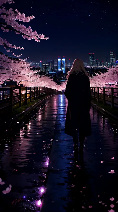 １people,blonde long hair，long coat，silhouette， rear view，space sky, milky way, anime style, cherry blossoms，夜cherry blossoms，辺り一...