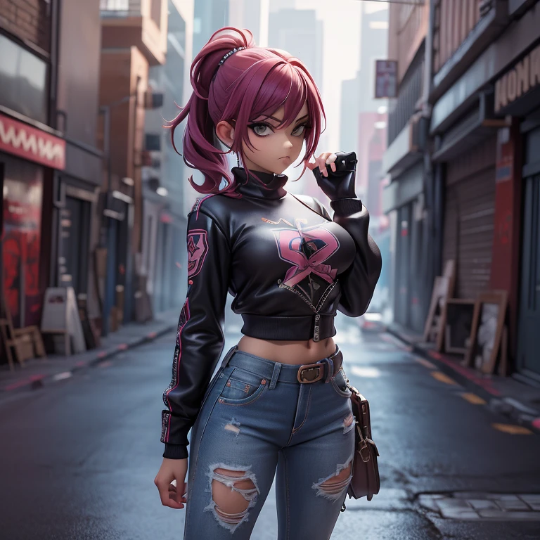 heroina urbana, badgirl (badass) cabelos longos e rebeldes, piercing nas orelhas, olhar raivoso, athletic body, pele morena (com cicatrizes) tatuagens (estilo yakuza) jaqueta jeans V (mangas rasgadas) sobre blusa top (tomara que caia) stylized jeans (justa) fivela grande (estilo cowboy) botas de cano alto (estilo militar) pose sensual, armada com um AK-47, faca tipo Bowie e pistola em coldre (attached to the waist) (cinematic scene) (caos urbano) (action anime) (obra-prima) Dynamic front view, qualidade ultra-HD,
