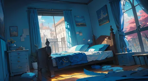 quarto de anime, azul escuro, frente