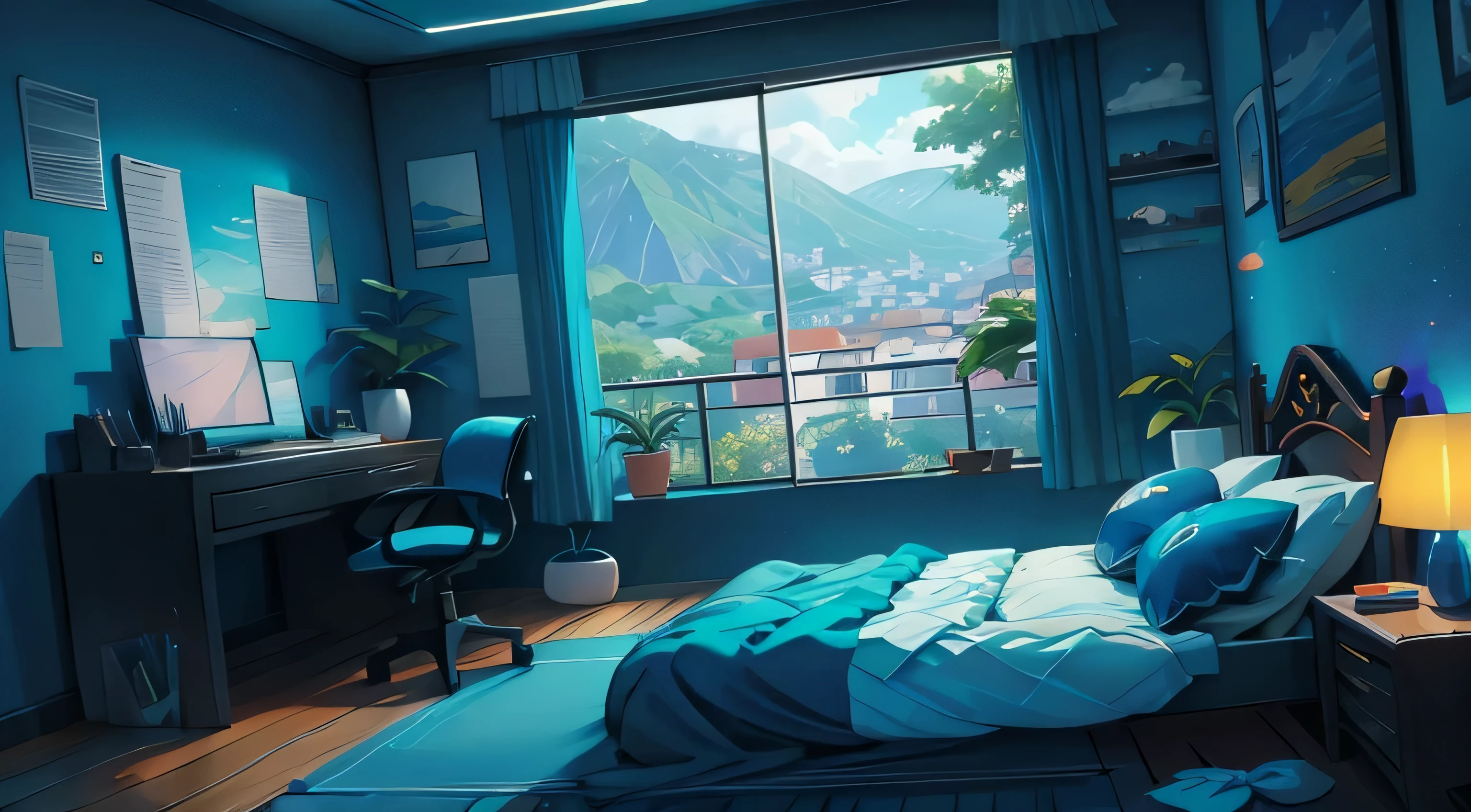 quarto de anime, azul escuro, frente