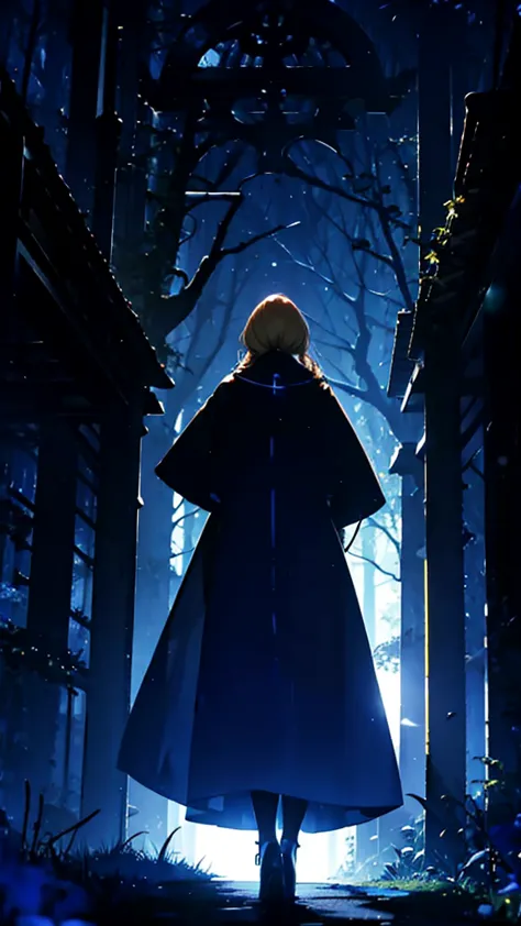 blonde woman，long coat，rear view，silhouette，blue forest，blue moon，blue night，