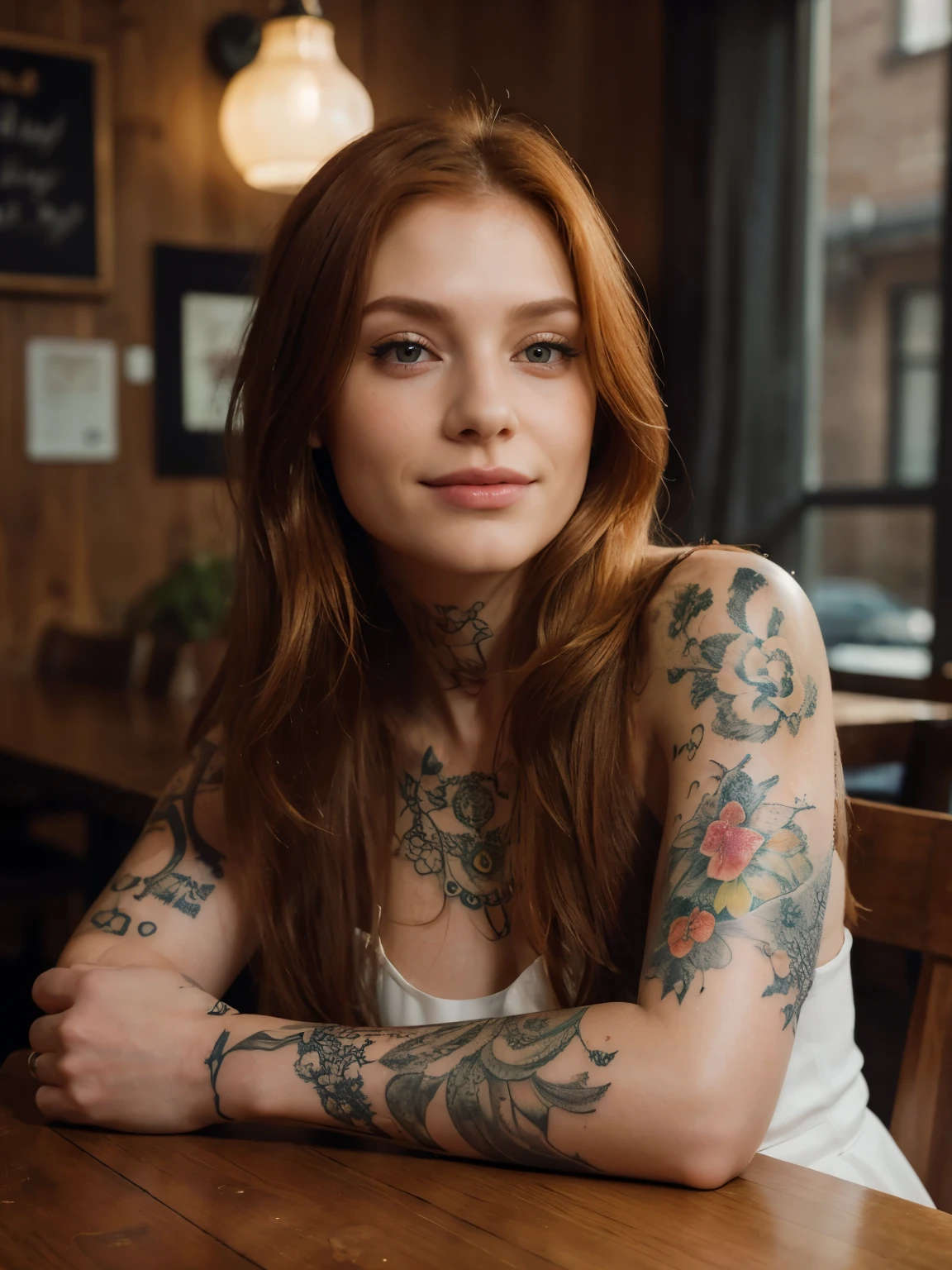 (realistic,tattooed,ginger:1.1)detailed girl(realistic, photorealistic:1.37),straight hair,detailed eyes, exposed and detailed arms (best quality,4k,8k,highres,masterpiece:1.2),wearing a dress,fine lines tattooed on both arms, sitting in a snack bar,hands on the table,lit by warm golden light,smiling face,relaxed pose,delicate facial features.